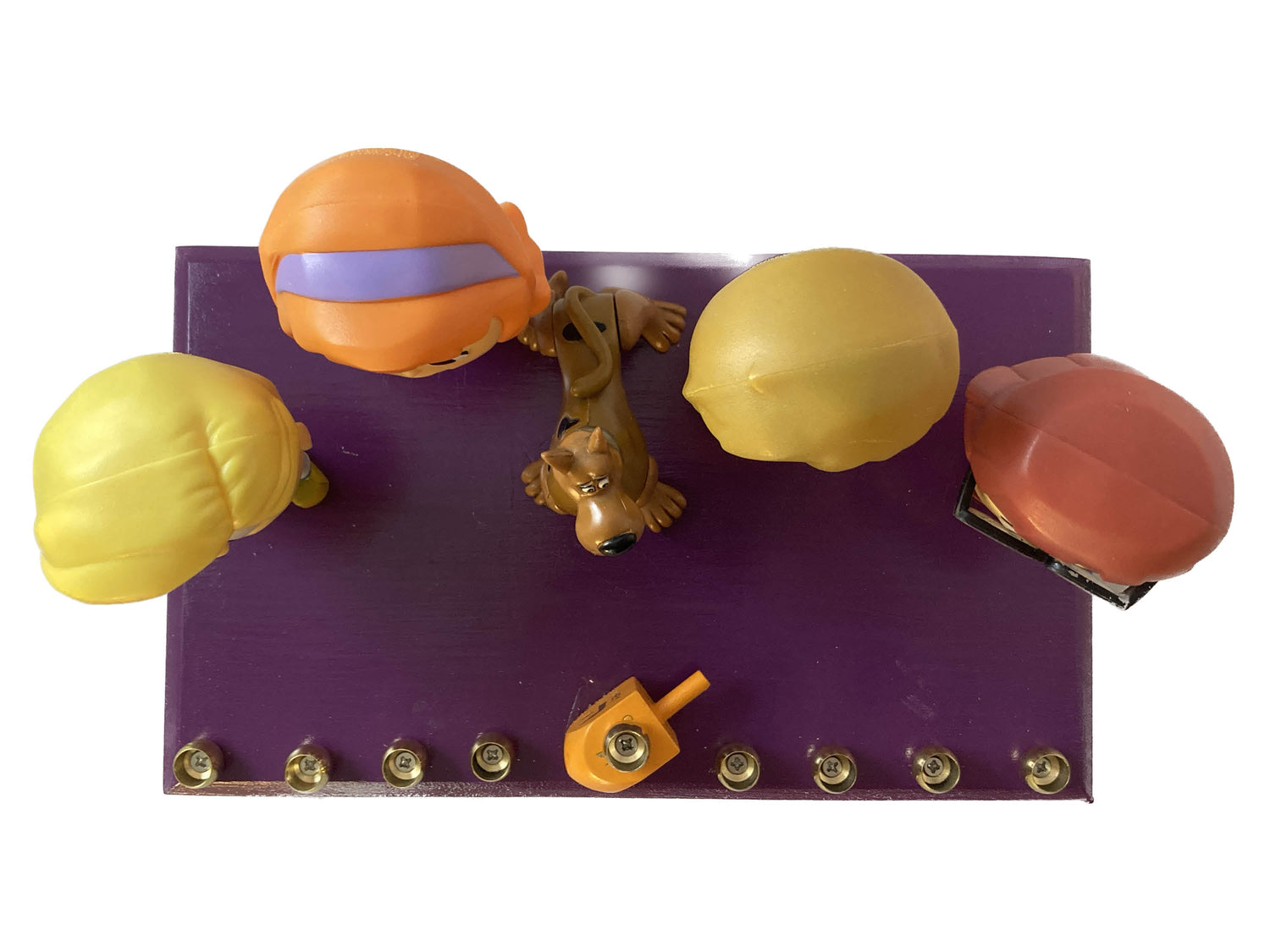 Scooby-Doo Menorah — bobblehead figures on painted wood base with brass cups | Judaica Square Lakewood (view 4)