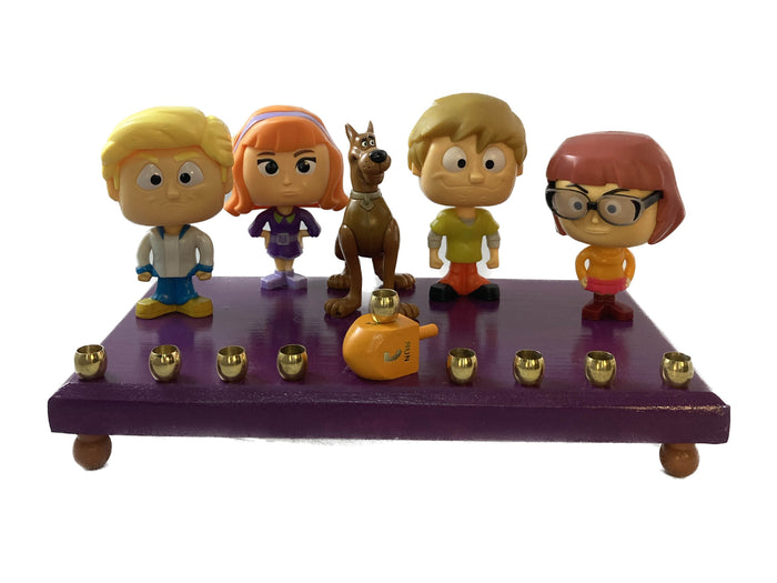 Scooby-Doo Menorah — bobblehead figures on painted wood base with brass cups | Judaica Square Lakewood