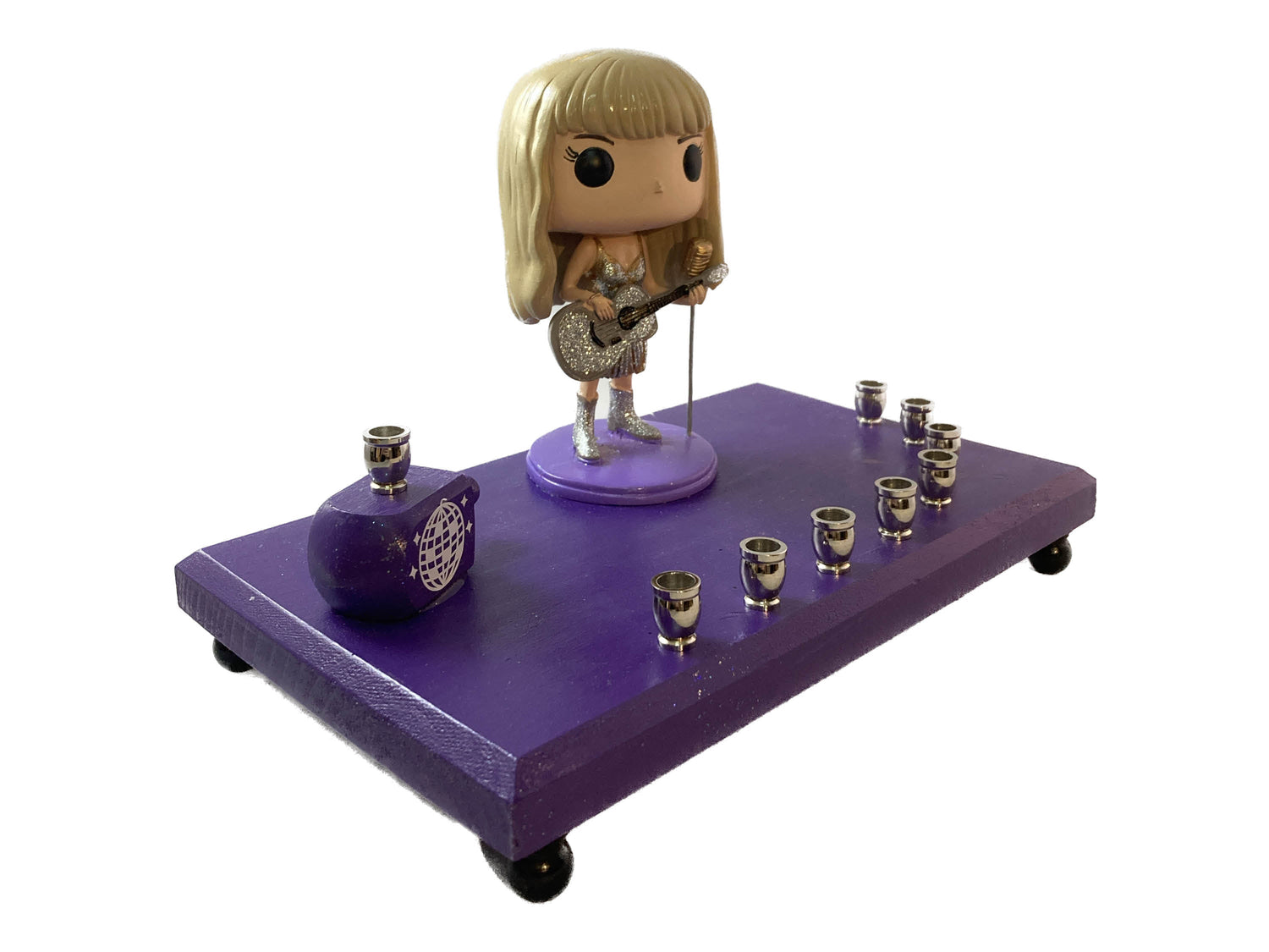 Taylor Swift Menorah — Swiftie figure on hand-painted wood base with nickel cups | Judaica Square Lakewood (view 2)