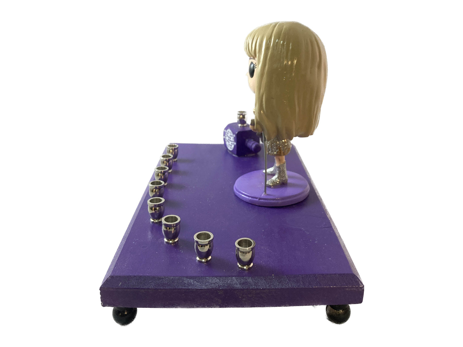 Taylor Swift Menorah — Swiftie figure on hand-painted wood base with nickel cups | Judaica Square Lakewood (view 3)