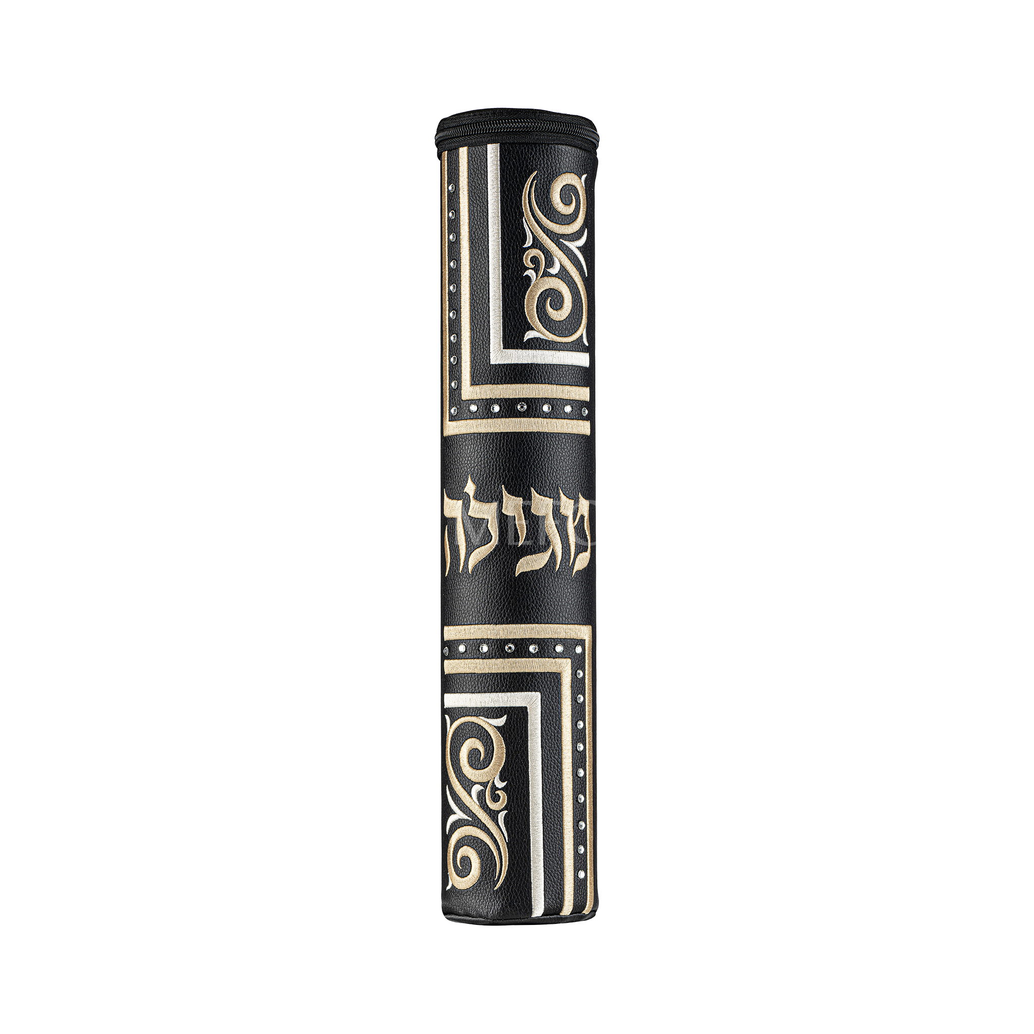 Black Leather Megillah Holder, with Gold Embroidery-122 - Megillah Cases