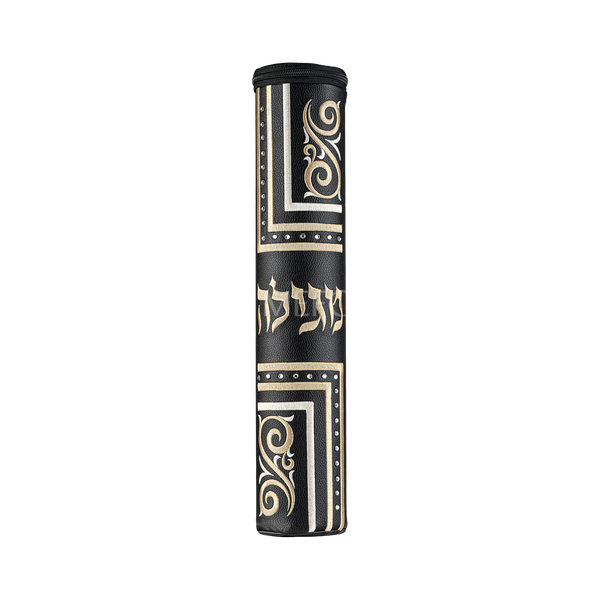 Black Leather Megillah Holder, with Gold Embroidery-122 - Megillah Cases