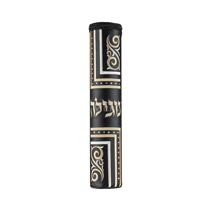 Black Leather Megillah Holder, with Gold Embroidery-122 - Megillah Cases