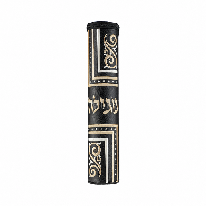 Black Leather Megillah Holder, with Gold Embroidery-122 - Megillah Cases