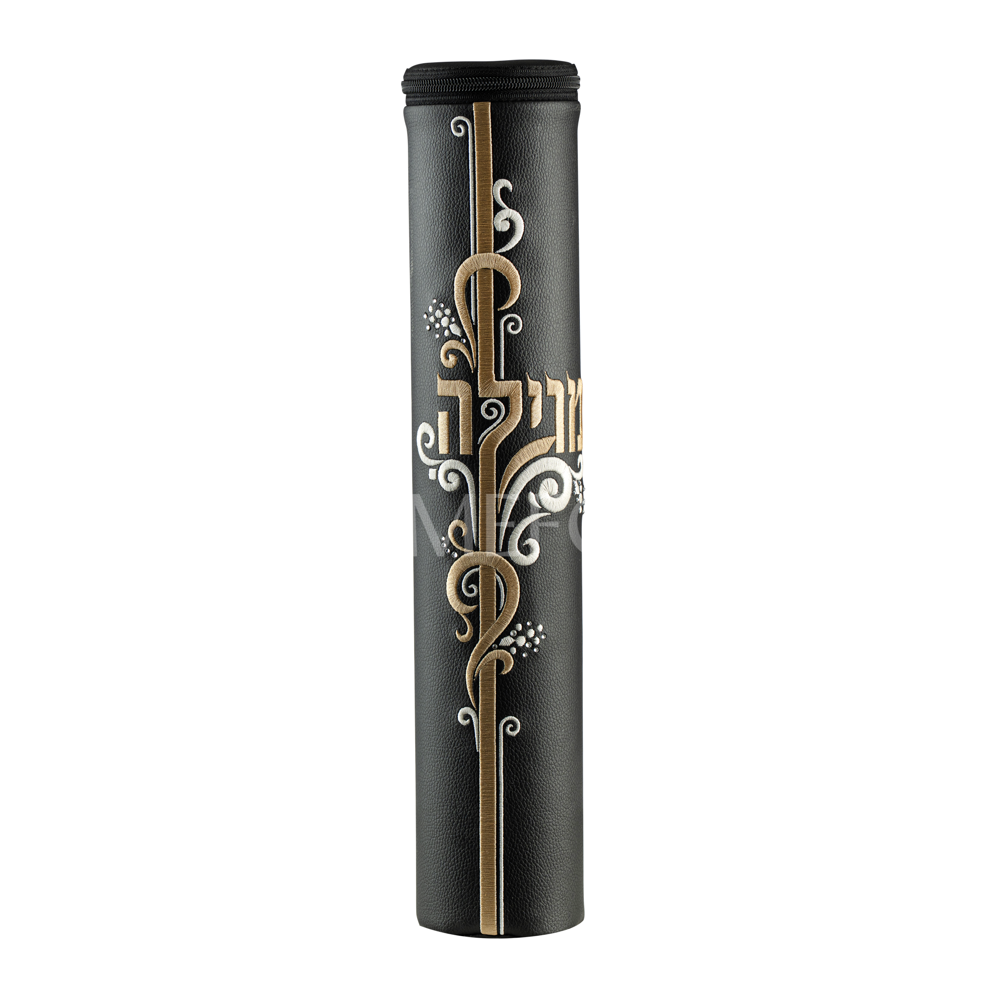 Black Leather Megillah Holder, with Gold Embroidery-1378 - Megillah Cases