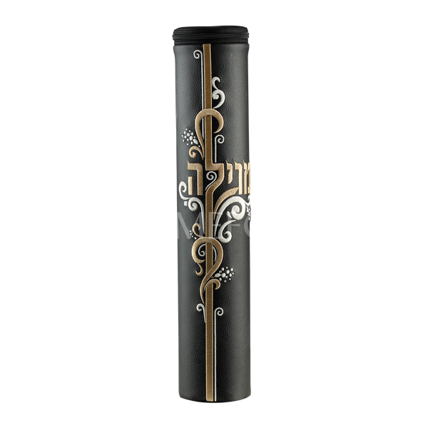 Black Leather Megillah Holder, with Gold Embroidery-1378 - Megillah Cases