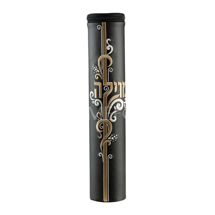 Black Leather Megillah Holder, with Gold Embroidery-1378 - Megillah Cases