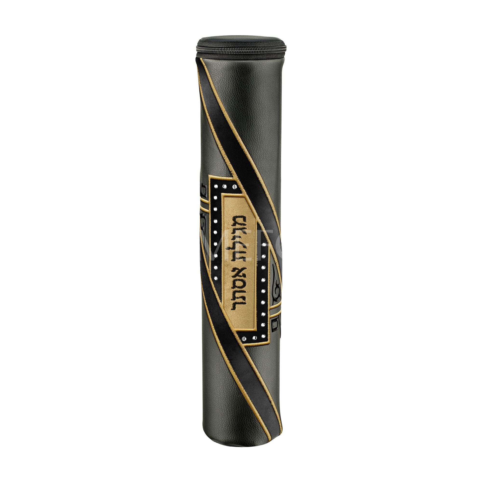 Black Leather Megillah Holder, with Beige Velvet and Black & Gold Embroidery - Megillah Cases