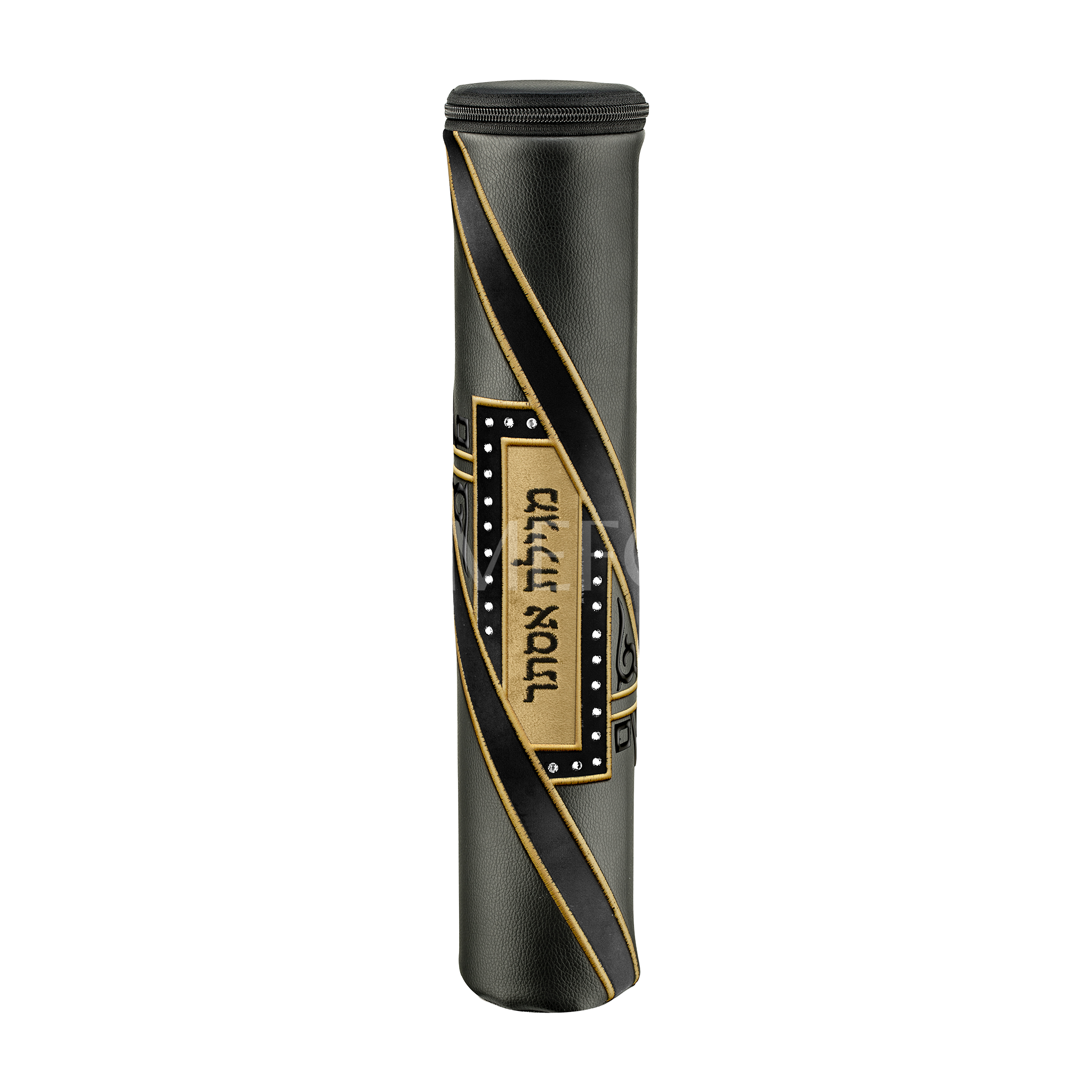 Black Leather Megillah Holder, with Beige Velvet and Black & Gold Embroidery - Megillah Cases