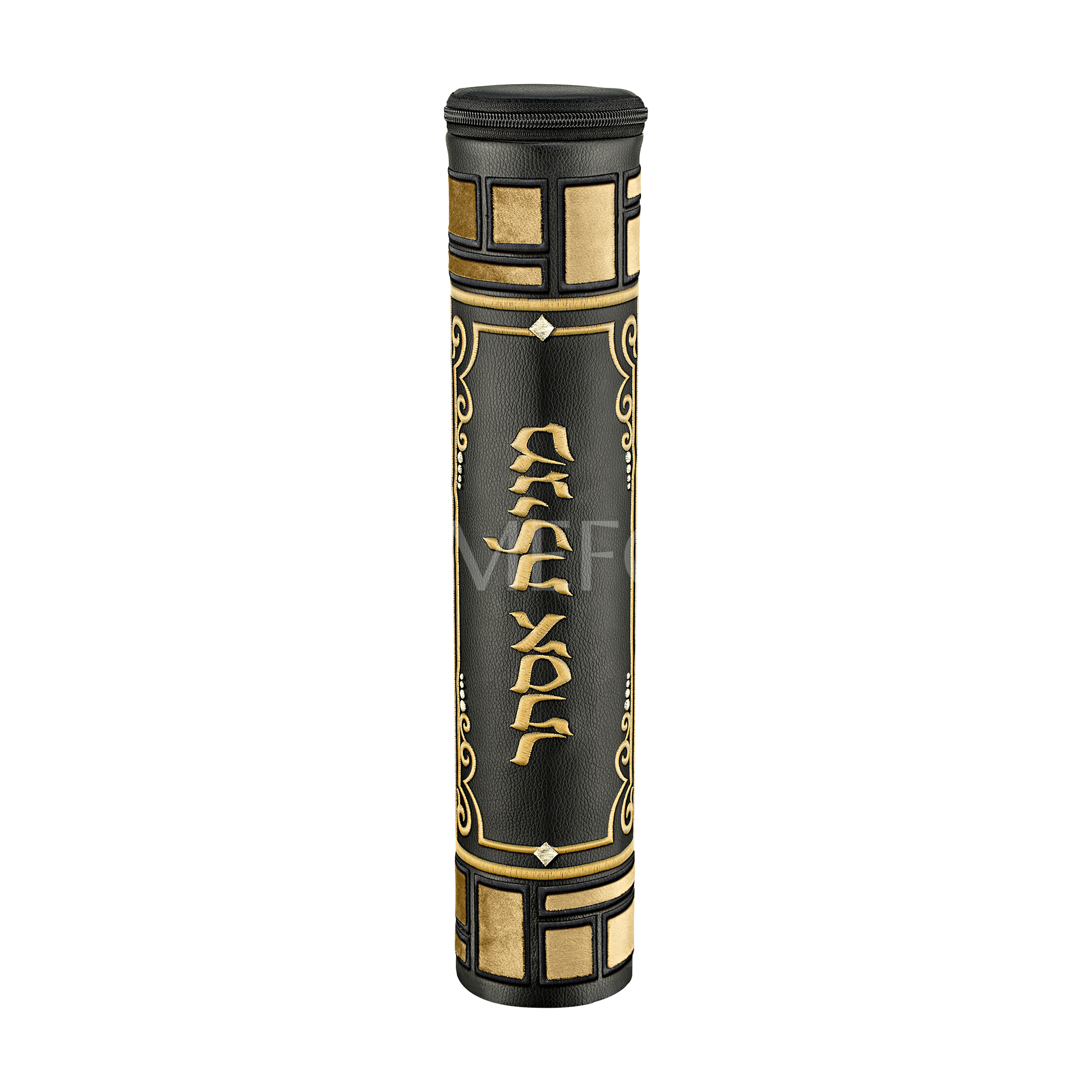 Black Leather Megillah Holder, with Beige Velvet and Black and Gold Embroidery - Megillah Cases