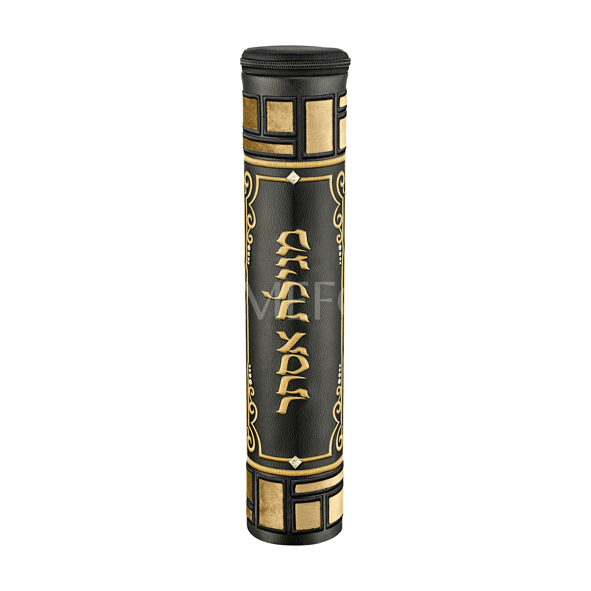 Black Leather Megillah Holder, with Beige Velvet and Black and Gold Embroidery - Megillah Cases