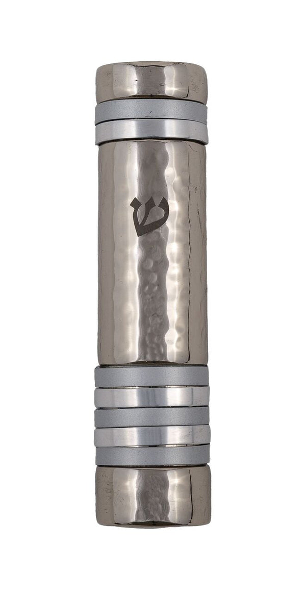 Emanuel Hammered Mezuzah Case w/ Rings--Silver (EM-MZJ4)