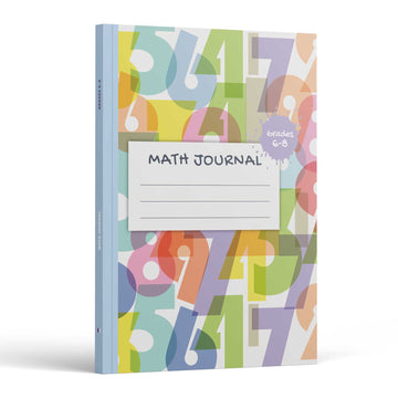 Math Journal Grades 6-8 front cover — oversized pastel numerals behind a lined Math Journal name label with a Grades 6-8 badge
