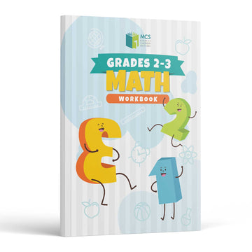 Math Workbook Grades 2-3 front cover — cartoon numerals 2 and 3 dancing with a blue block character on a pale striped background