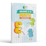 Math Workbook Grades 2-3 front cover — cartoon numerals 2 and 3 dancing with a blue block character on a pale striped background