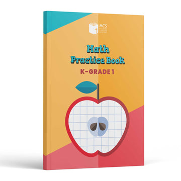 Math Practice Book K-Grade 1 front cover — apple drawn on graph paper on a teal, yellow and coral background with the MCS logo
