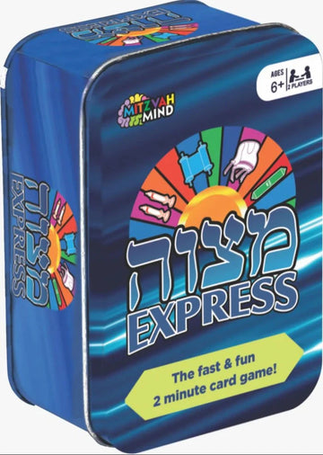 Mitzvah Express card game in a blue carrying tin
