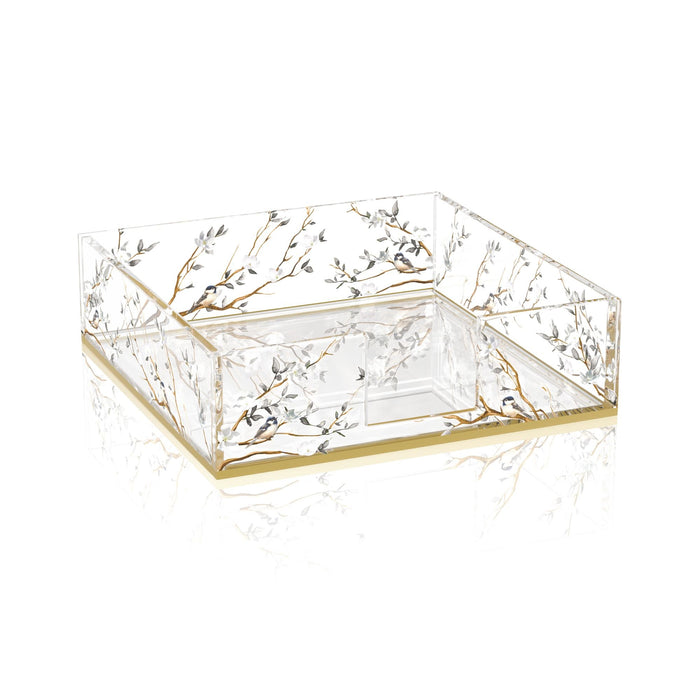 Botanical Blooms Napkin Holder — floral-patterned napkin holder on a set table | Judaica Square Lakewood