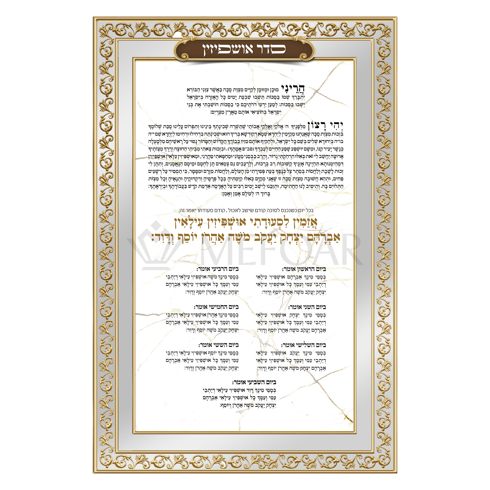 Noy Sukkah, Seder Ushpizin on Mirror Gold 15.75" x 23.5" - Judaica Posters & Murals
