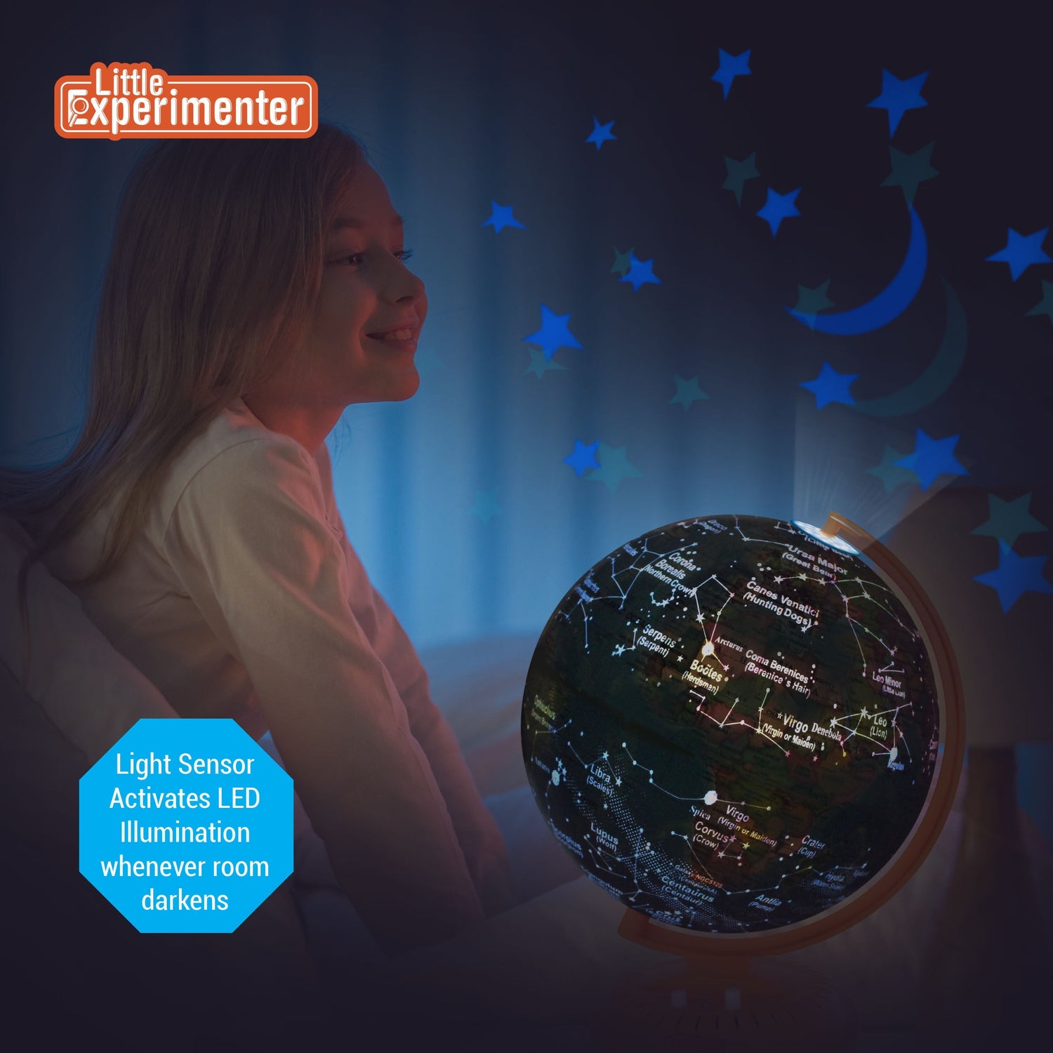 Little Experimenter 3-in-1 Light-Up Globe for Kids - 8" Star Map — illuminated world, view 5 | Judaica Square Lakewood