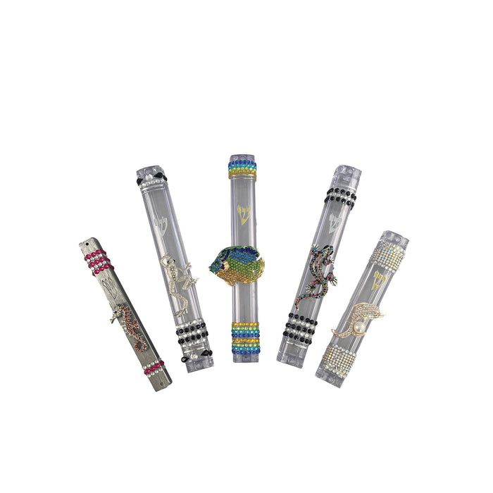 Ocean beach mezuzah case — silver acrylic with sea-themed jewelry, beads and rhinestones | Judaica Square Lakewood