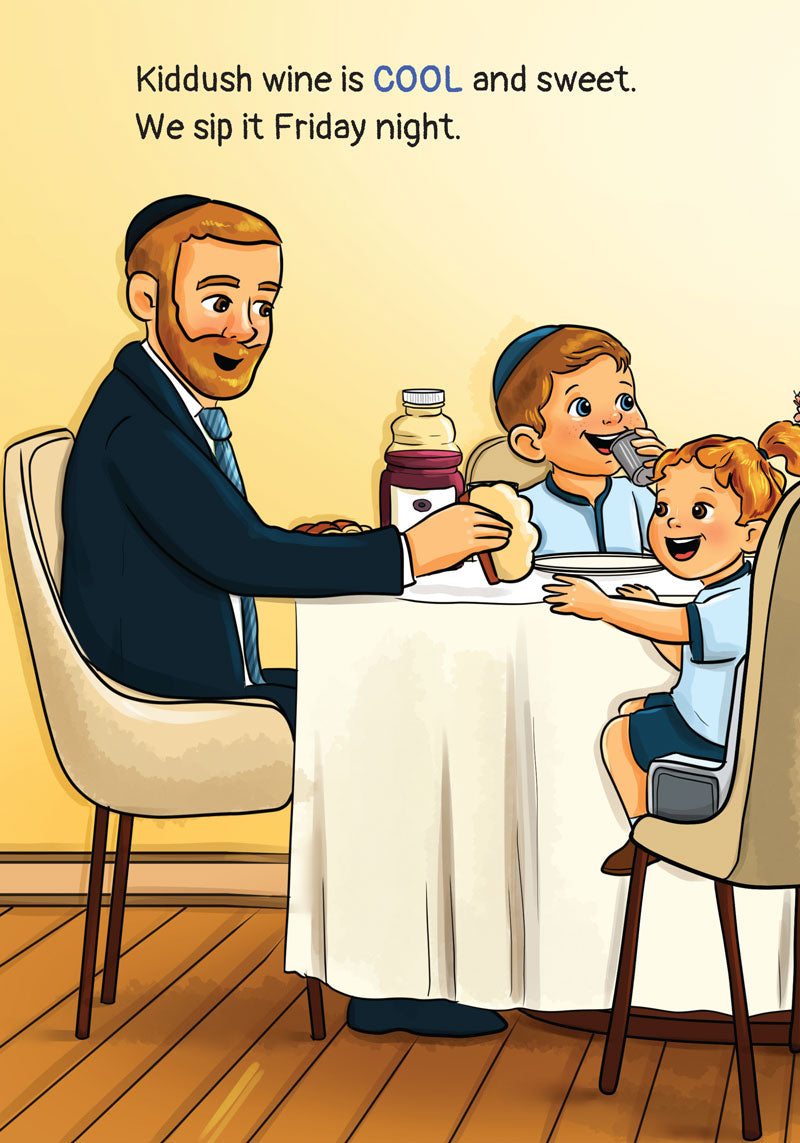 Interior illustration — family sipping cool Kiddush wine at the Shabbos table
