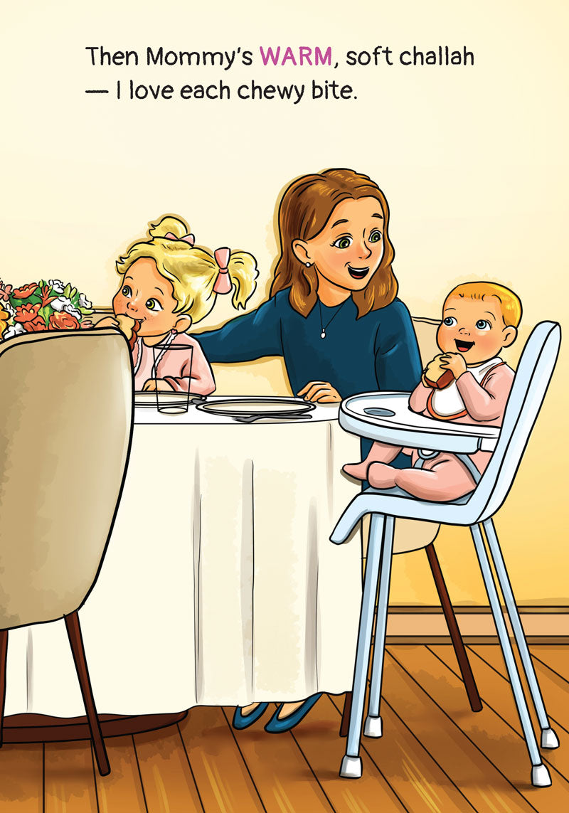 Interior illustration — Mommy serves warm, soft challah to the children