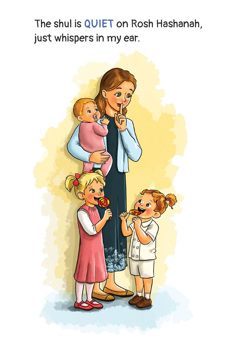 Interior illustration — a mother hushes her children in a quiet shul on Rosh Hashanah