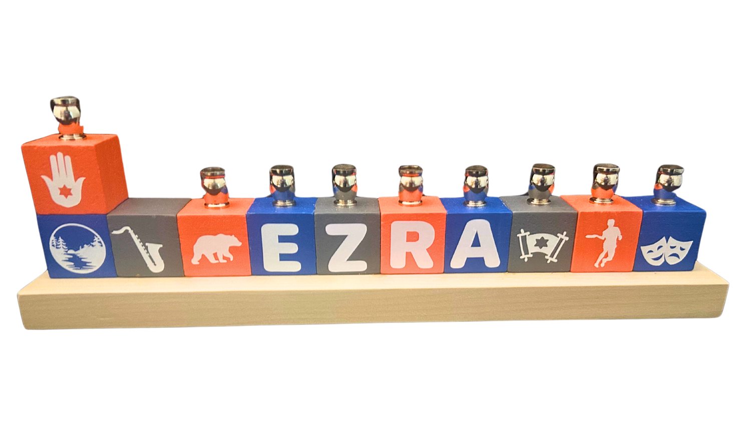 Personalized name block menorah — hand-painted blocks with vinyl letters and nickel cups | Judaica Square Lakewood (view 13)