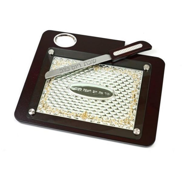 Wood and Silver Plated Challah Board with Knife-Gold Outline (CB-PO48XZ)