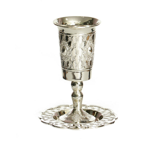 S/P Kiddush Cup on Stem W/Plate - Flower Design (KC-P067CG)