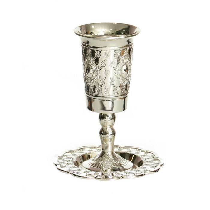 S/P Kiddush Cup on Stem W/Plate - Flower Design (KC-P067CG)