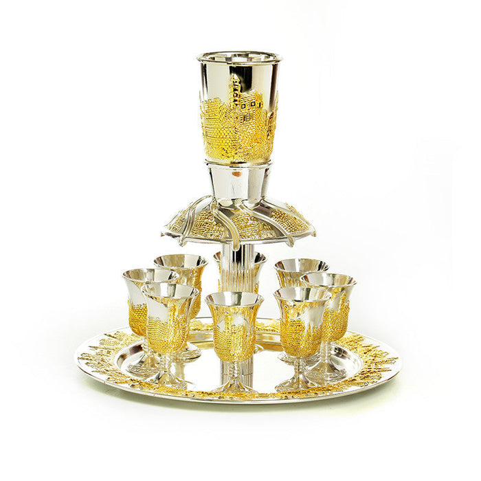 Silverplate 8 cup Wine Fountain-Gold-Jerusalem Design (SHB-P588SZ)
