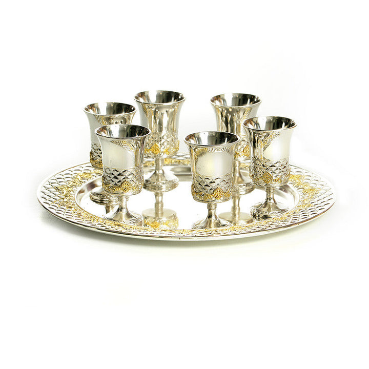 Set of 6 S/P Liquor Cups w/ Tray-Gold Accent