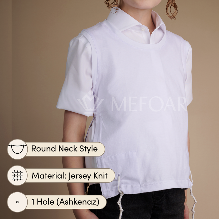 KIDS Undershirt Tzitzis, Round Neck, 1 Hole, Meyuchad Strings - Judaica Accessories