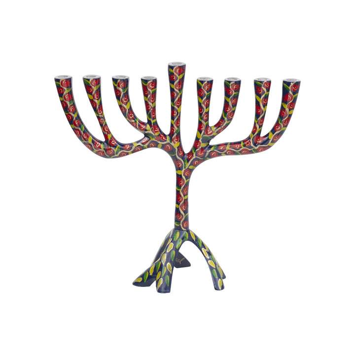 Yair Emanuel Hanukkah Menorah 10.4 in, Multicolor Pomegranates, front view