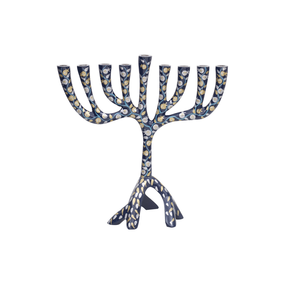 Hanukkah Menorah, Medium Painted 9.2 Inch, Blue Pomegranates, front view