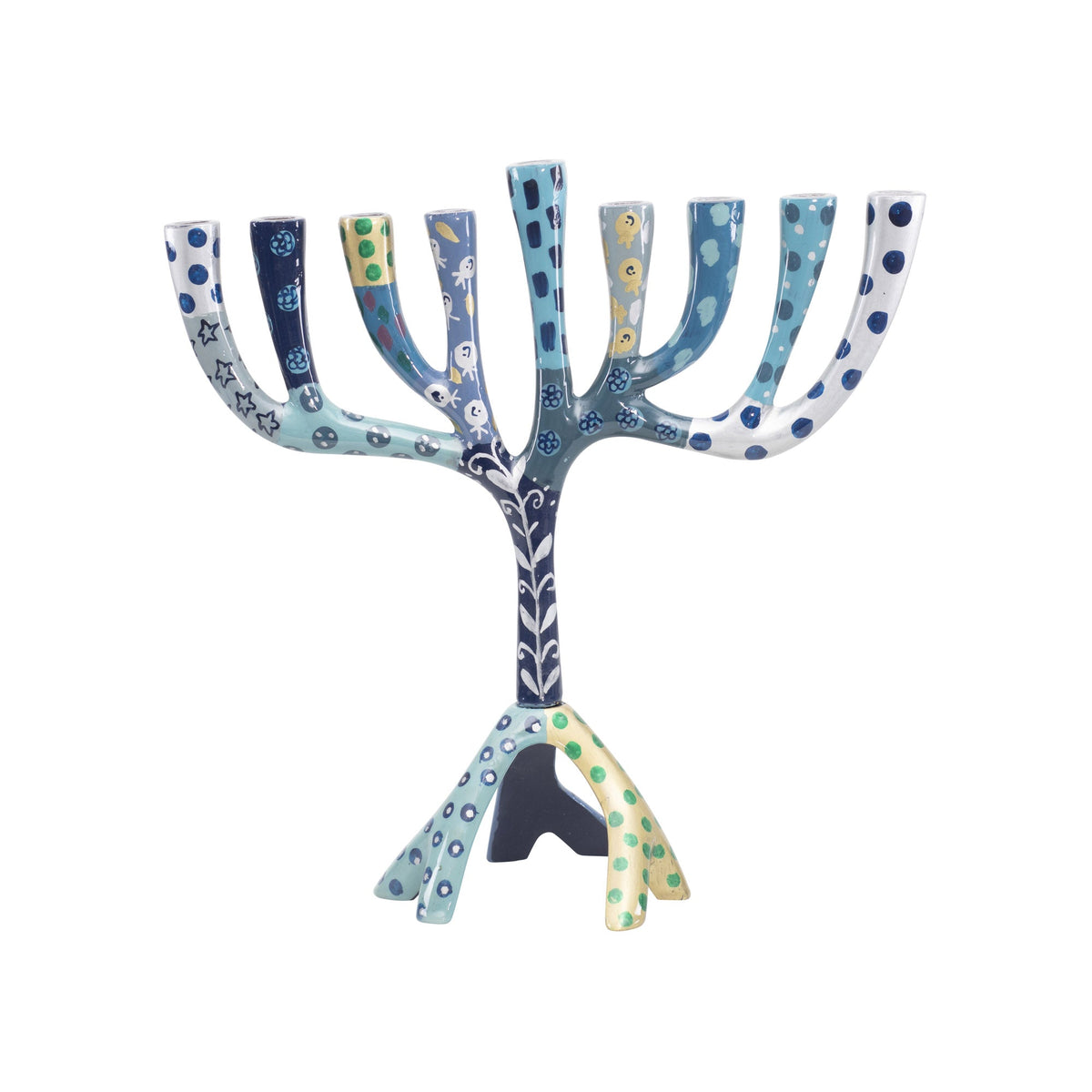 Hanukkah Menorah, Medium Painted 9.2 Inch, Blue Layers, front view