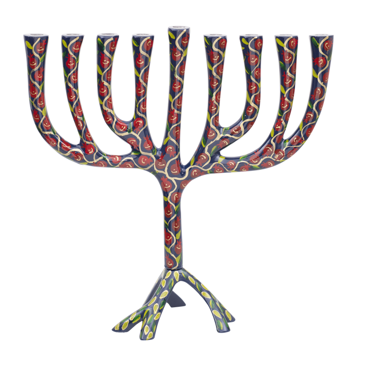 Yair Emanuel Hanukkah Menorah 12.8 in, Multicolor Pomegranates, front view