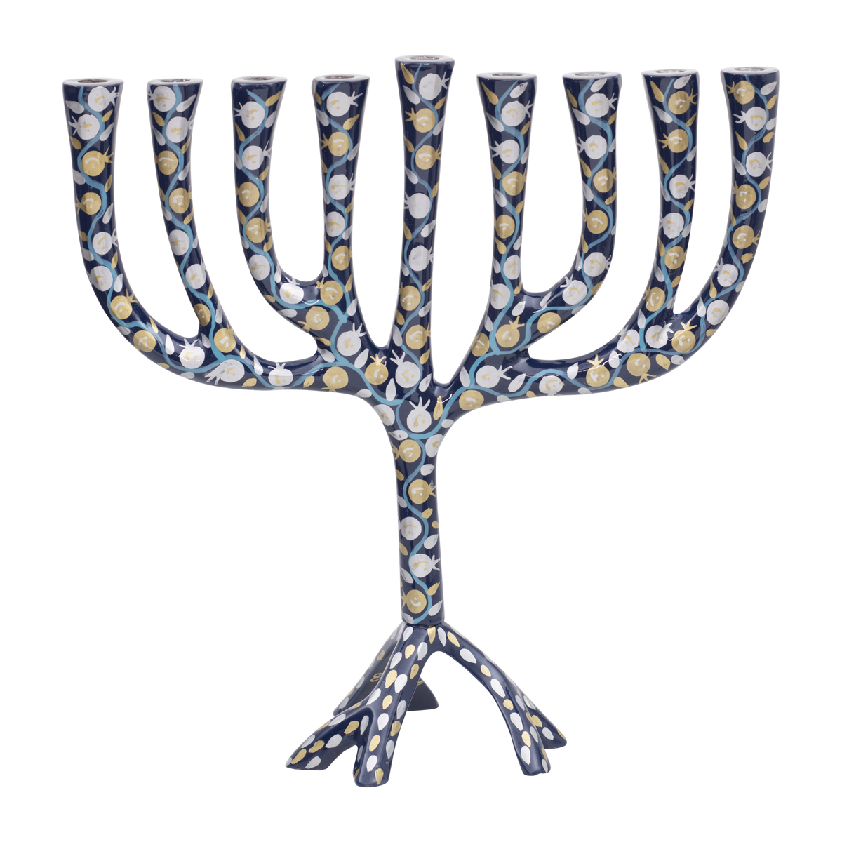 Yair Emanuel Hanukkah Menorah 12.8 in, Blue Pomegranates, front view