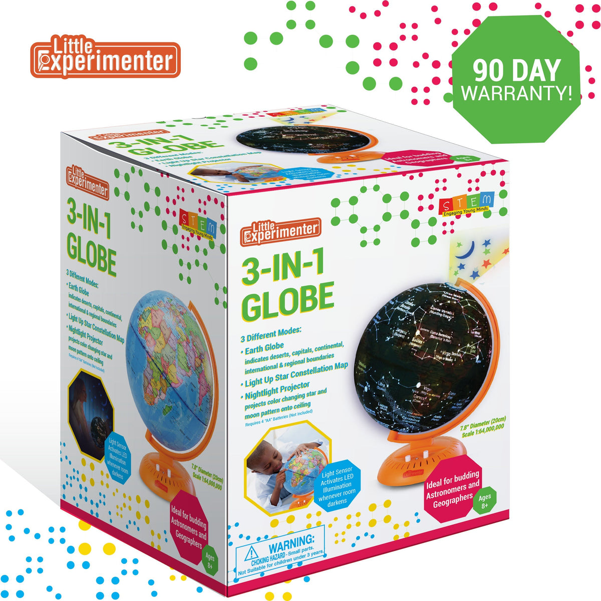 Little Experimenter 3-in-1 Light-Up Globe for Kids - 8" Star Map — illuminated world, view 6 | Judaica Square Lakewood