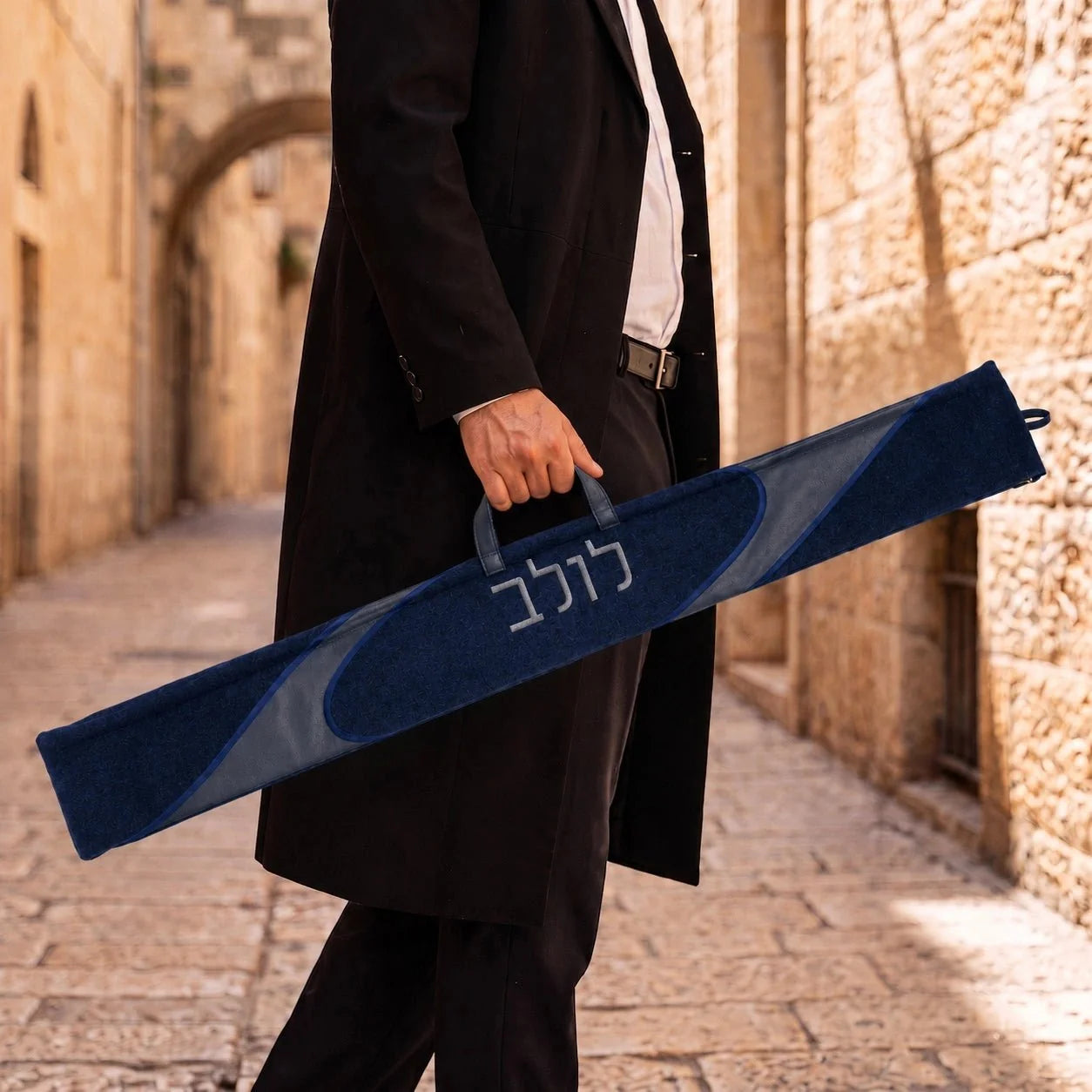 Looped Fur Leather Lulav Case — navy fur case with looping vegan leather and contrast piping | Judaica Square Lakewood