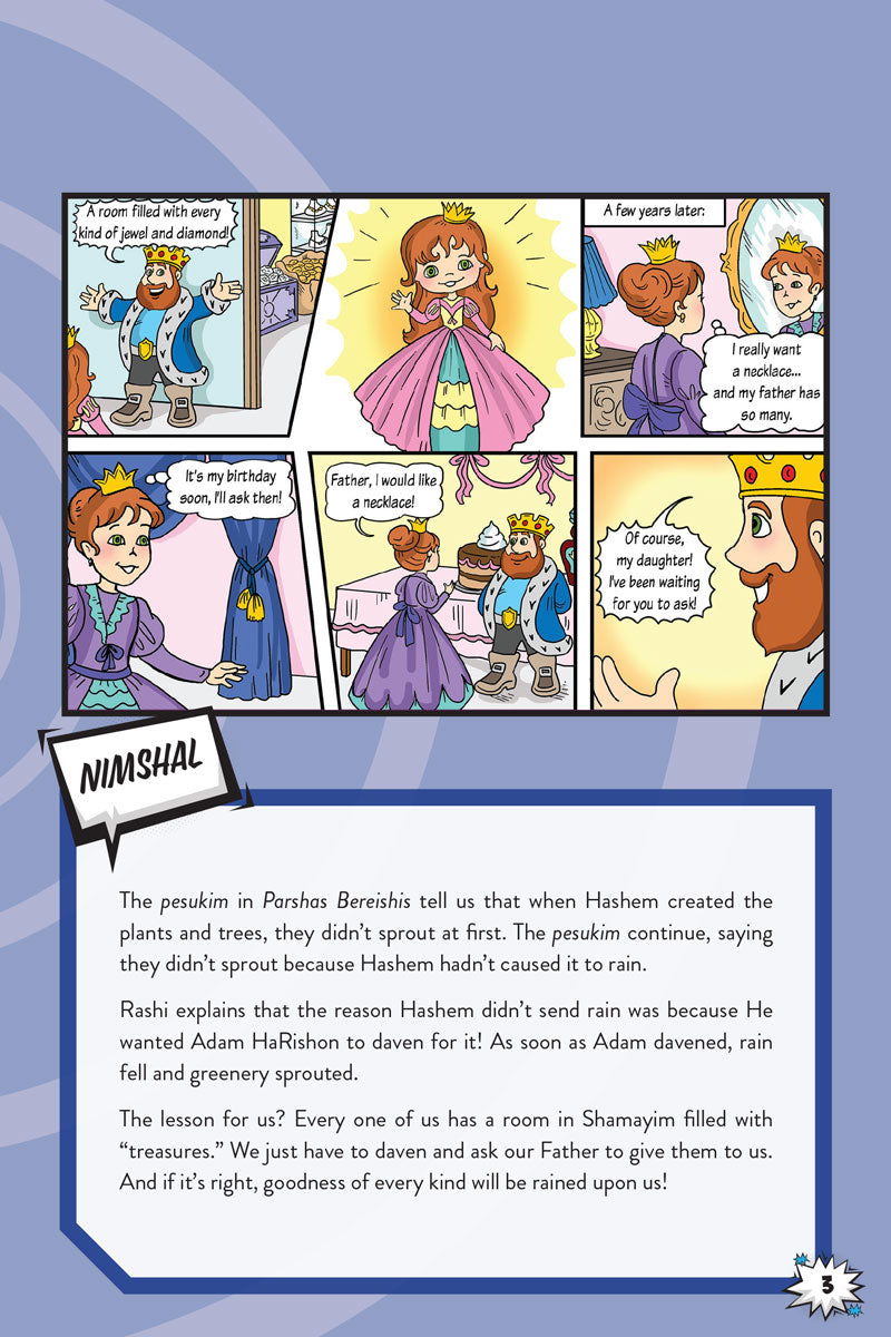 Comic panel page, Bereishis — text explains the sin of eating from the forbidden tree
