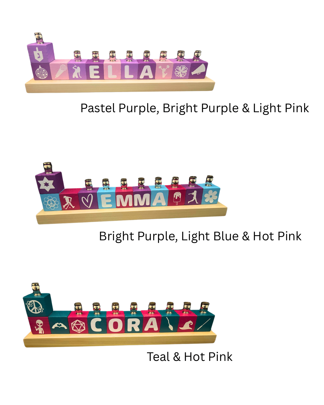 Personalized name block menorah — hand-painted blocks with vinyl letters and nickel cups | Judaica Square Lakewood (view 23)