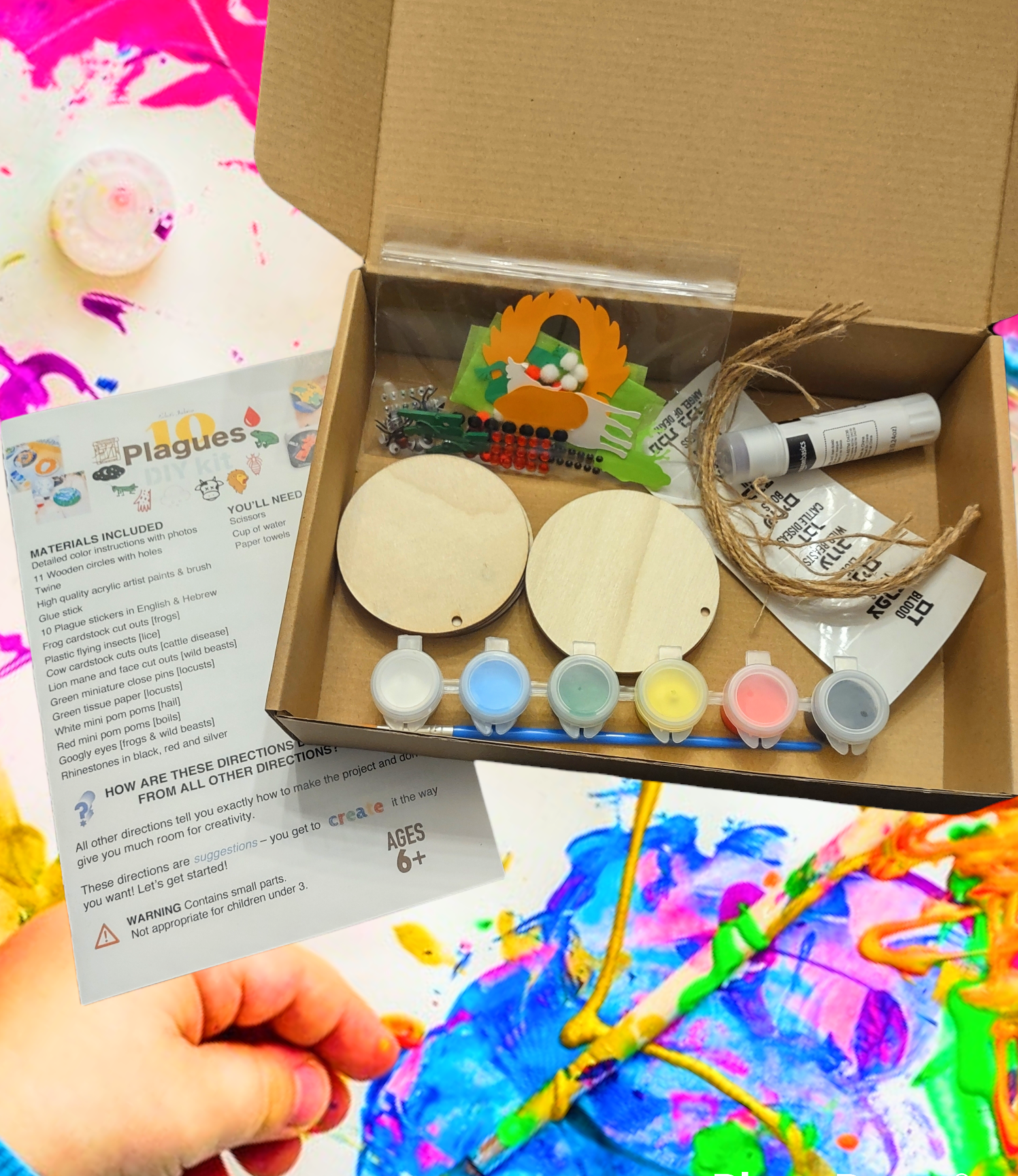 Passover ten plagues craft kit — wooden hanging circles, paint, pom poms and googly eyes | Judaica Square Lakewood (view 8)