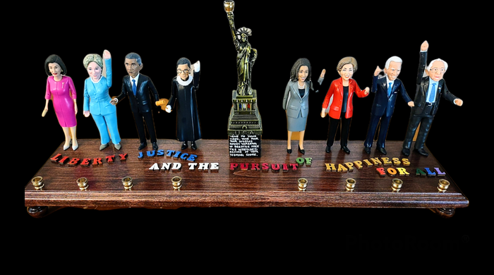 Democracy menorah — eight political figurines with Statue of Liberty and brass cups | Judaica Square Lakewood