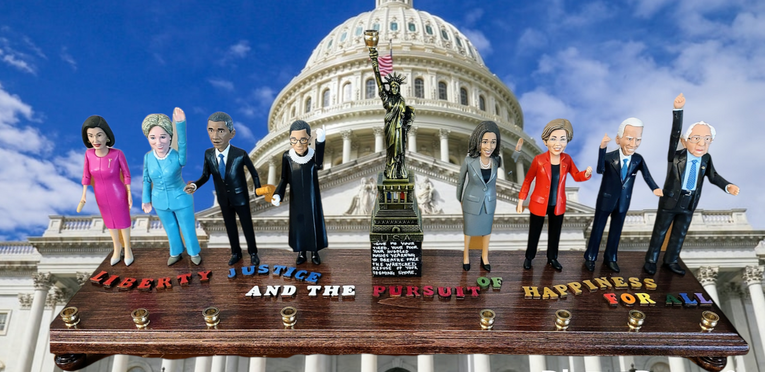 Democracy menorah — eight political figurines with Statue of Liberty and brass cups | Judaica Square Lakewood (view 2)