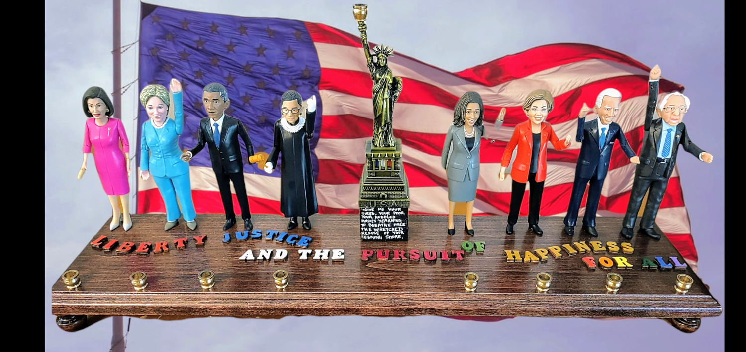 Democracy menorah — eight political figurines with Statue of Liberty and brass cups | Judaica Square Lakewood (view 3)
