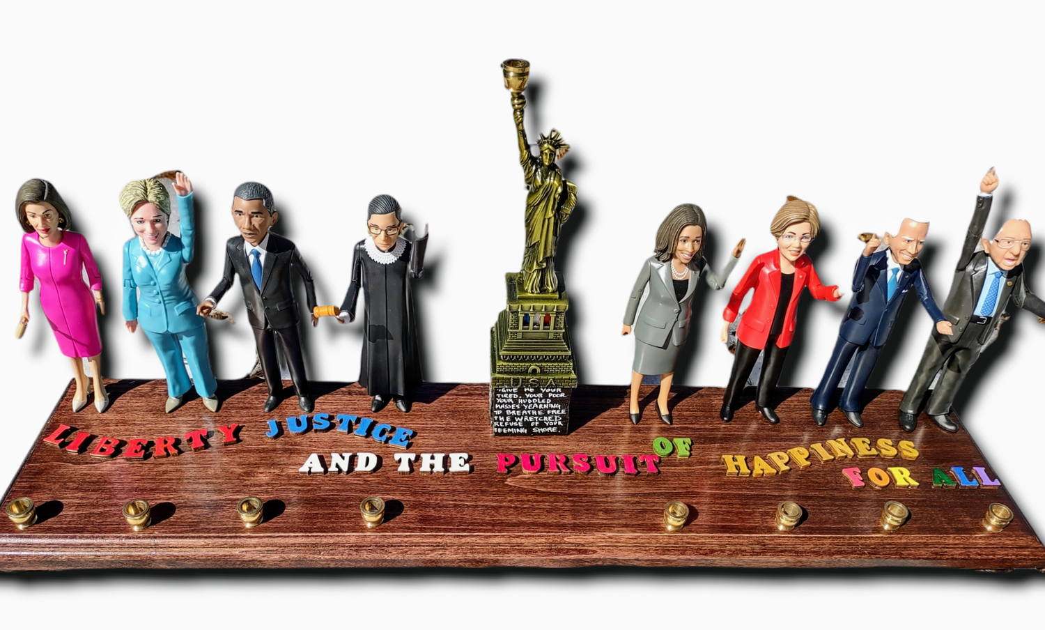 Democracy menorah — eight political figurines with Statue of Liberty and brass cups | Judaica Square Lakewood (view 5)