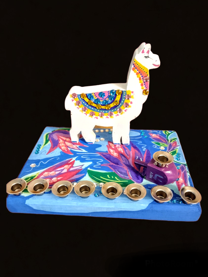 Happy Llamakah menorah craft kit — wooden llama menorah parts, paint and instructions | Judaica Square Lakewood